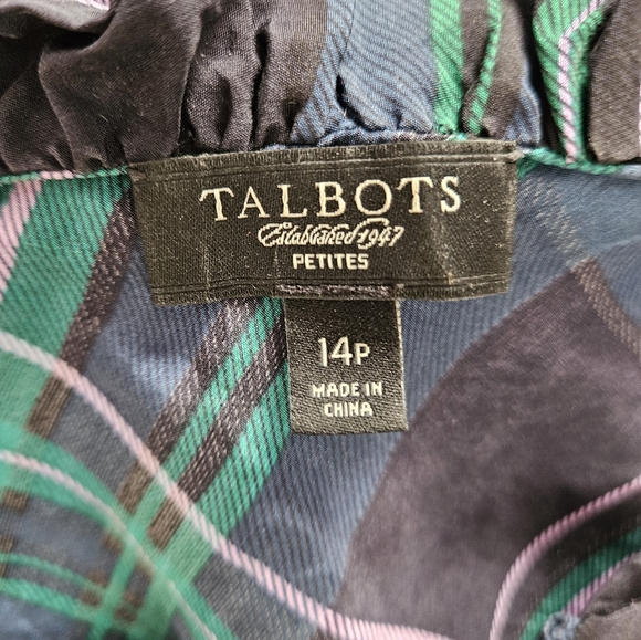 Talbots green blue & black plaid silk ruffled shell blouse top Womens 14 - Picture 7 of 7